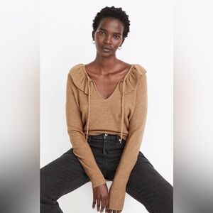 Madewell V-Neck Sweater in Tan with Ruffle Detail